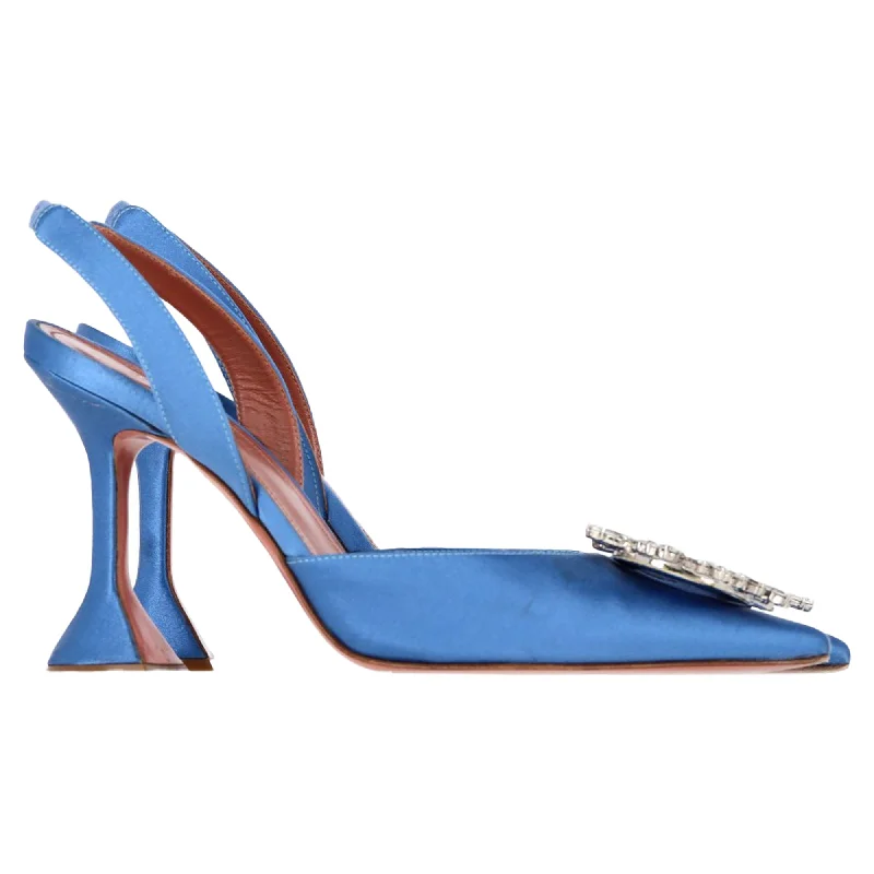 Amina Muaddi Begum Embellished Pointed Slingback Pumps in Blue Satin