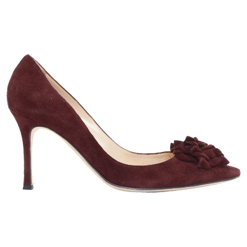 Manolo Blahnik Lisa burgundy suede flower applique pumps