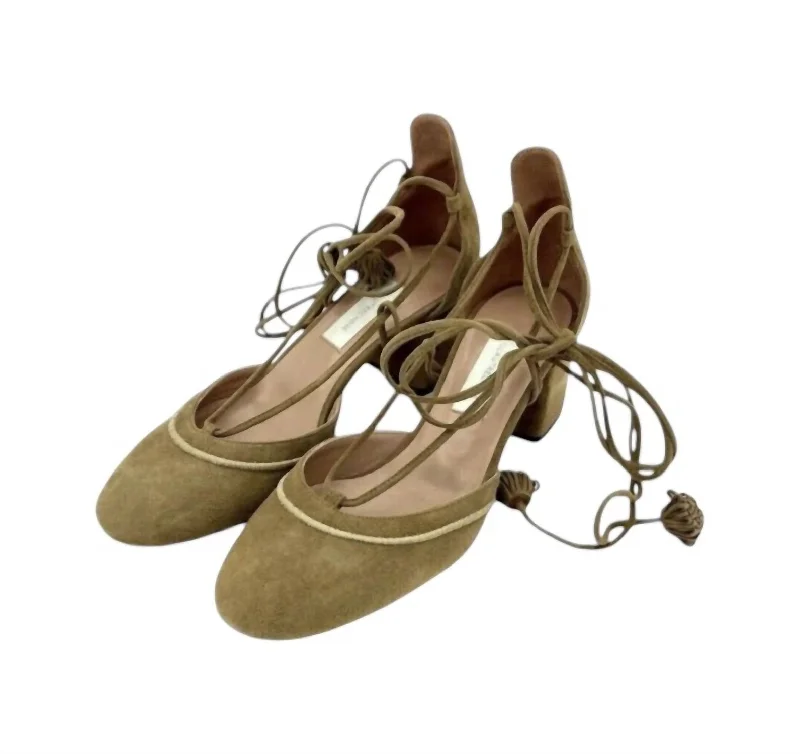 Women's Camel Suede Leather Tasseled Ankle Wrap Heels In Camel Brown