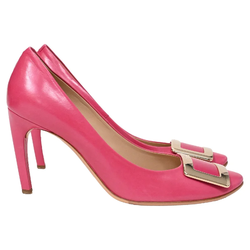 Roger Vivier Trompette Buckle Detail Pumps in Pink Calfskin Leather