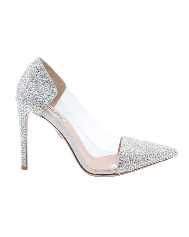 Miu Miu Crystal Embellished Glass Pumps in Silver Leather