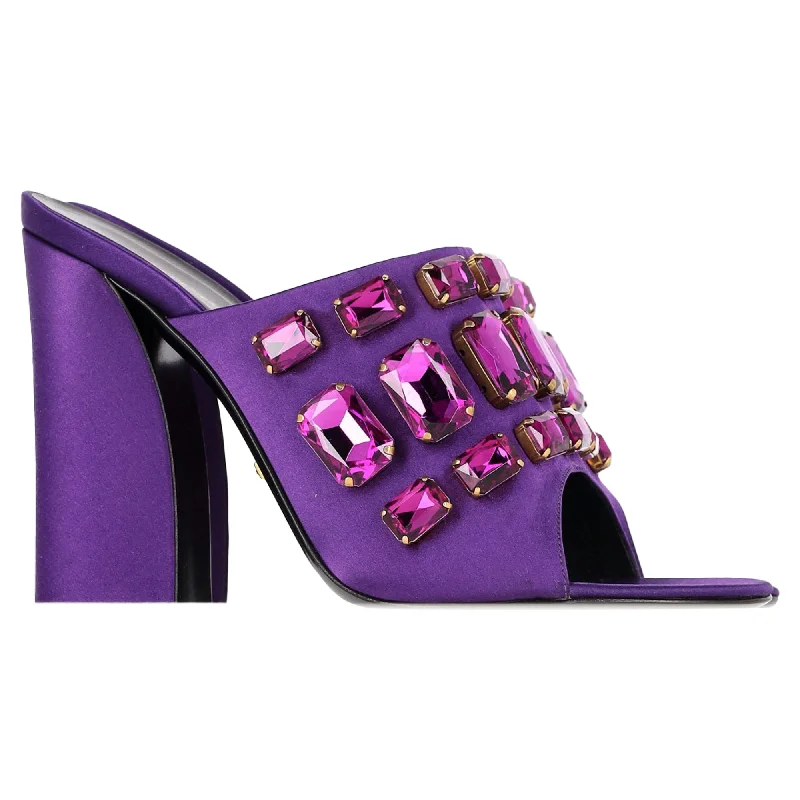 Gucci Tessa Crystal Embellished Peep Toe Mules in Purple Satin