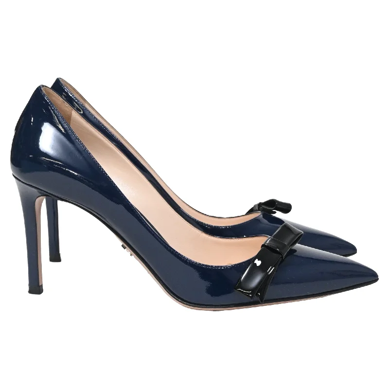 Prada Bow Detail Pointed Pumps in Navy Blue Patent Leather