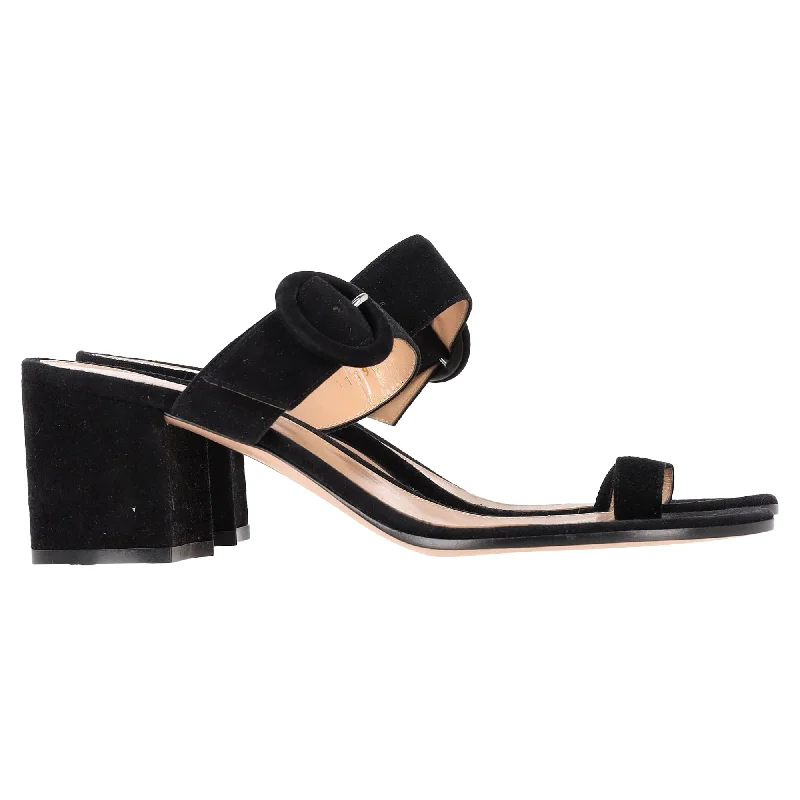 Gianvito Rossi Ring-Toe Buckle Strap Block Heel Mules in Black Suede