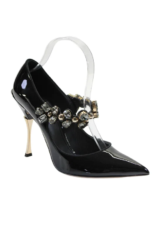 Dolce and Gabbana Womens Stiletto Crystal Patent Mary Jane Pumps Black