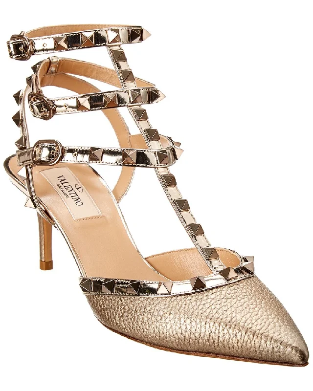 Valentino Rockstud Caged 65 Metallic Leather Ankle Strap Pump