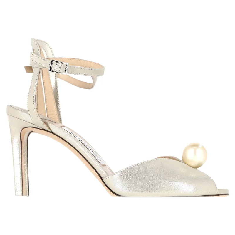 Jimmy Choo Sacora 85mm Pearl-Embellished Sandals in Champagne Leather Suede