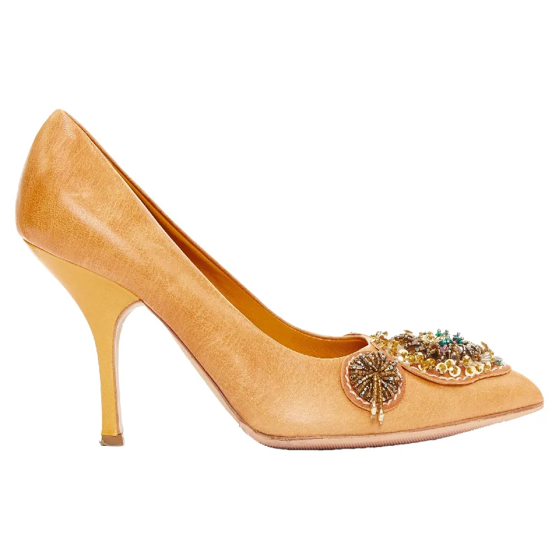 Miu Miu Vintage tan nude bead embellished kitten pumps