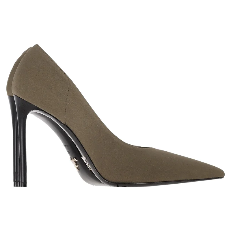 Prada Logo Plaque Pointed-Toe Pumps in Olive Suede