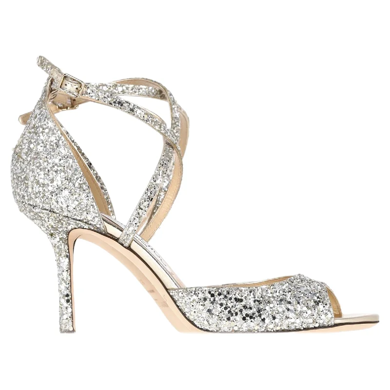 Jimmy Choo Emsy 85 Sandals in Champagne Glittered Leather