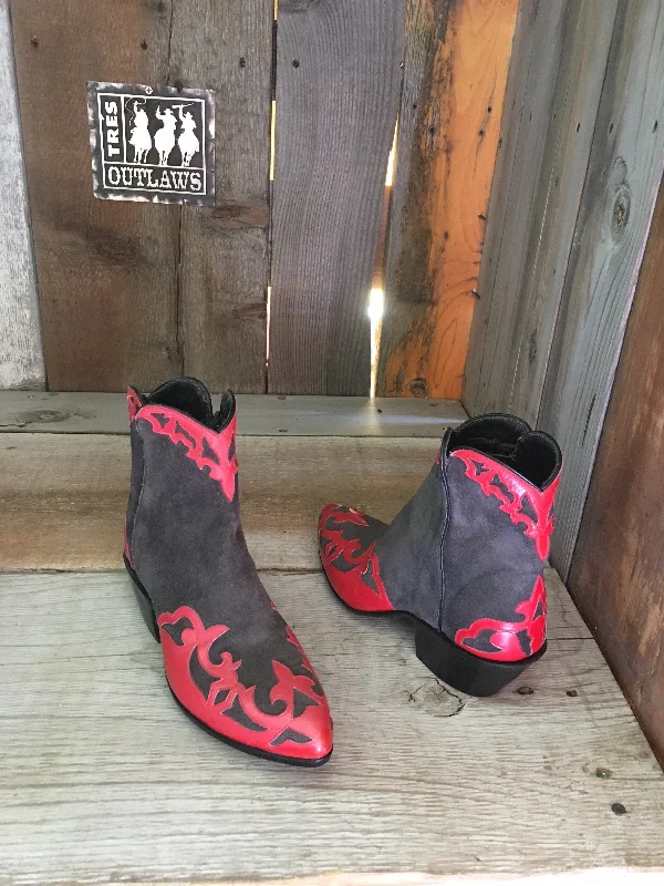 Black Suede & Red Calf  Tres Outlaws Flamingo Zip Boot 1412